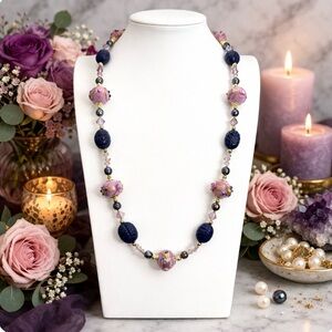 ARTISAN Sapphire, Pink Swarovski Crystal, Peacock Pearl & Wedding Cake Necklace.